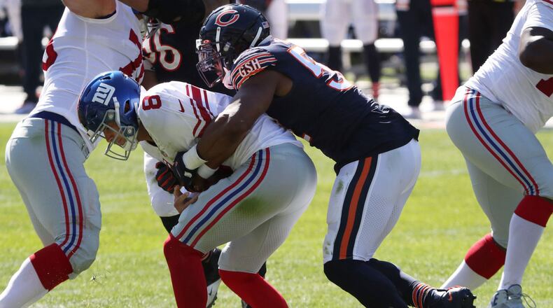 Chicago Bears outside linebacker Khalil Mack sacks New York Giants quarterback Daniel Jones in the fourth quarter on Sunday, September 20, 2020, at Soldier Field in Chicago, Illinois. (John J. Kim/Chicago Tribune/TNS)