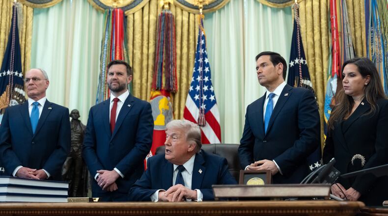 From left, Israeli Ambassador to the U.S. Yechiel Leiter, Vice President JD Vance, Secretary of State Marco Rubio, and Lebanese Ambassador to the U.S. Nada Hamadeh Moawad, listen to President Donald Trump speak in the Oval Office at the White House, Thursday, April 23, 2026, in Washington. (AP Photo/Mark Schiefelbein)