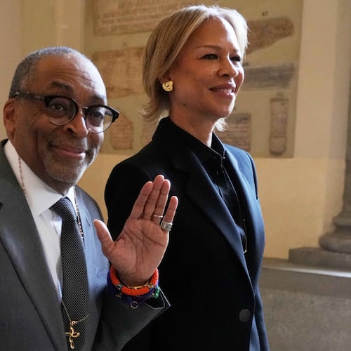 Film Director Spike Lee and his wife Tonya Lewis Lee leave at the end of an audience of Pope Leo XIV with actors and directors from the cinema, at the Vatican, Saturday, Nov. 15, 2025. (AP Photo/Gregorio Borgia)