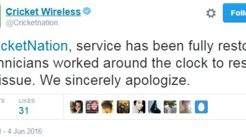 Cricket Wireless told Twitter users Saturday that service was restored. (Credit: Twitter)