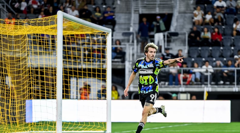 Atlanta United forward Saba Lobjanidze scores a goal during the match against D.C. United at Audi Field in Washington, on Wednesday September 20, 2023. (Photo by Mitch Martin/Atlanta United)