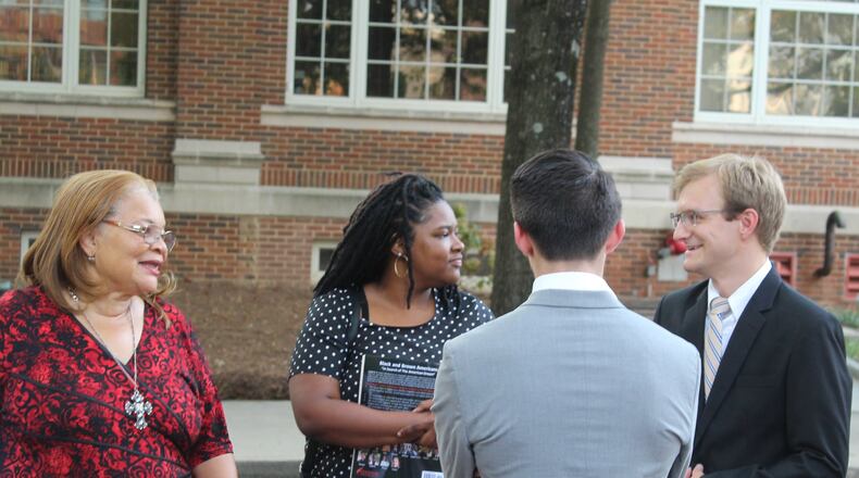 Brian Cochran (right) and other members of the Tech Students for Life executive committee talk with Alveda King, far left, before her speech at Georgia Tech a year ago.