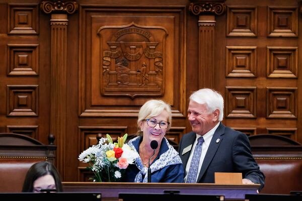 Georgia House Speaker Jon Burns and his wife Dayle Burns celebrate their 50th wedding anniversary on the House floor on Monday. (Abbey Cutrer/AJC)