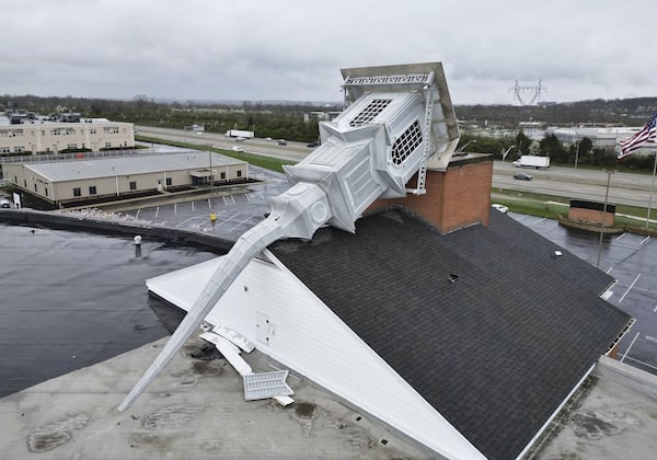 Weekend storms that toppled the steeple at Grace Baptist Church in Franklin, Ohio, is seen Monday, March 31, 2025. (Nick Graham/Dayton Daily News via AP)