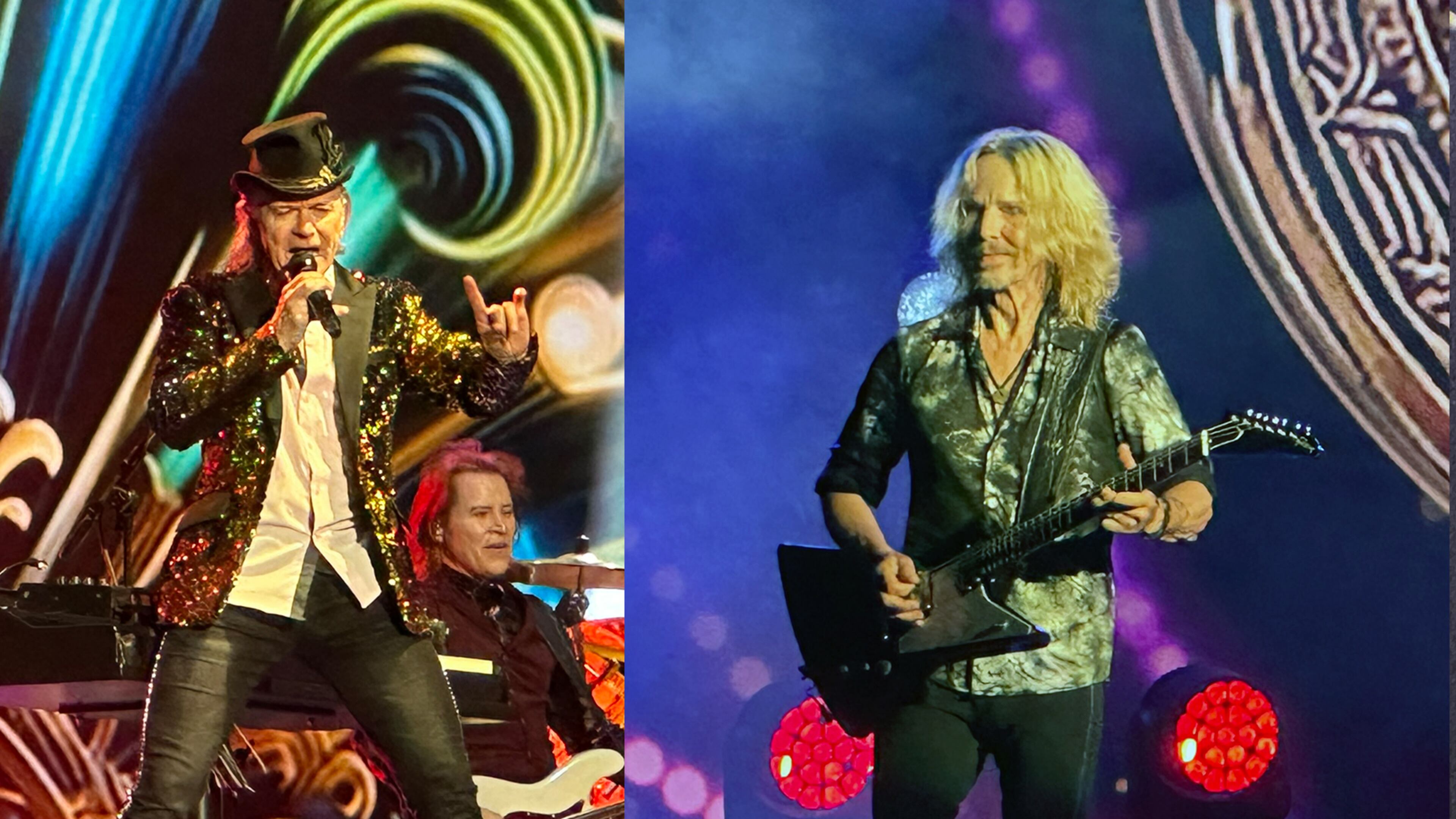 Styx nearly sold out Ameris Bank Amphitheatre in Alpharetta on Sunday. They played 16 songs, including "Rockin' in Paradise," led by Lawrence Gowan (left) and "Too Much Time on My Hands," with guitar work by Tommy Shaw. (Rodney Ho/AJC)