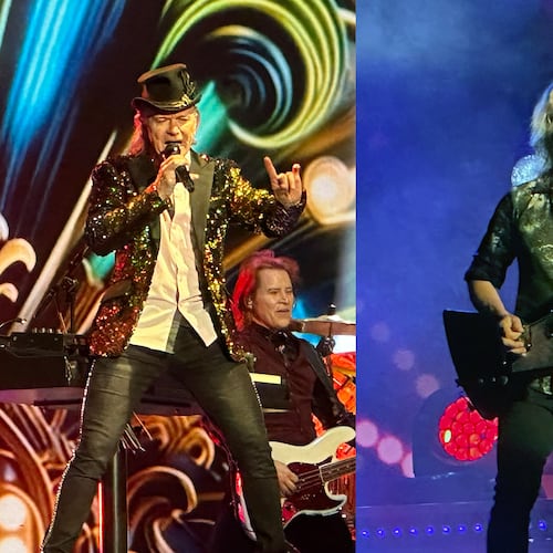 Styx nearly sold out Ameris Bank Amphitheatre in Alpharetta on Sunday. They played 16 songs, including "Rockin' in Paradise," led by Lawrence Gowan (left) and "Too Much Time on My Hands," with guitar work by Tommy Shaw. (Rodney Ho/AJC)