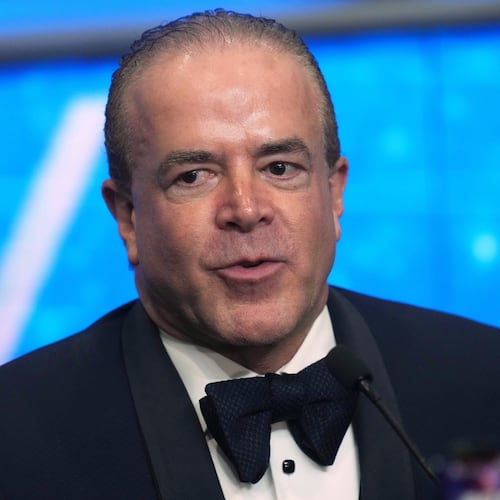 President of the Miss Universe Organization and Mexican businessman Raúl Rocha Cantú attends a press conference after the beauty pageant in Nonthaburi province, Thailand, Friday, Nov. 21, 2025. (AP Photo/Sakchai Lalit)