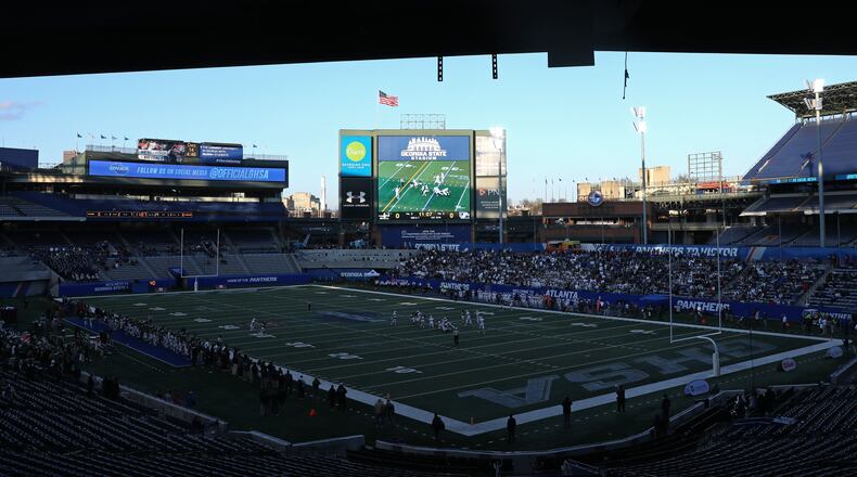 A general view of Georgia State Stadium during the Class AAAA high school football state title game between Blessed Trinity and Oconee County Saturday, December 14, 2019 in Atlanta. (JASON GETZ/SPECIAL TO THE AJC)