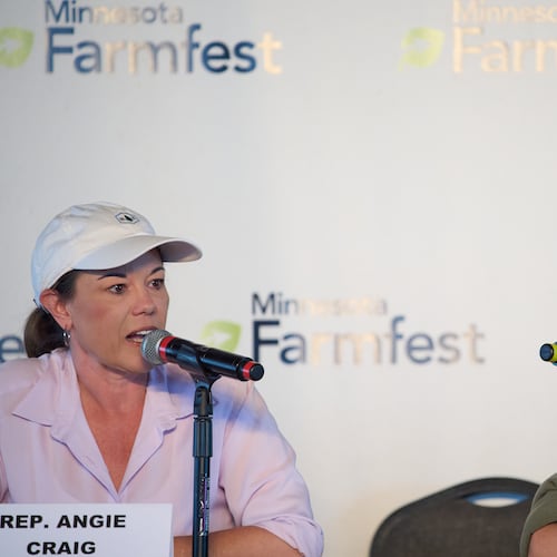 U.S. Rep. Angie Craig, D-Minn., left, and Minnesota Lt. Gov. Peggy Flanagan participate in a forum for U.S. Senate candidates at Farmfest Wednesday, Aug. 5, 2026, in Morgan, Minn. (AP Photo/Ellen Schmidt)