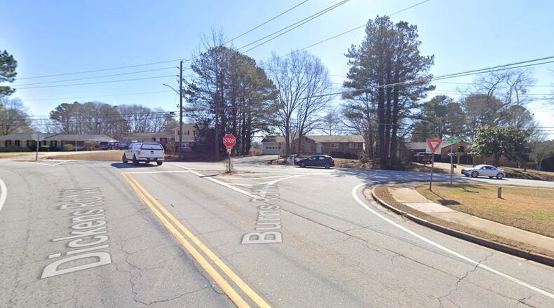 Gwinnett recently approved a $1,433,788 contract to install a roundabout at the intersection of Burns Road and Dickens Road in unincorporated Gwinnett near Lilburn. (Google Maps)