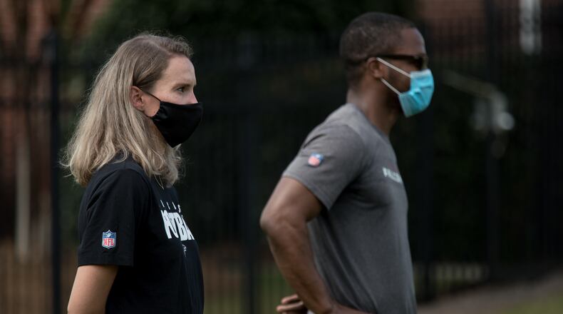 Kirsten Grohs (left) at Atlanta Falcons training camp Aug. 23, 2020 in Flowery Branch. Grohs is the Falcons' manager of football administration. (Kara Durrette/Atlanta Falcons)
