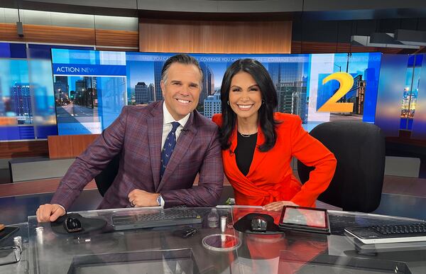 Justin Farmer on his final day as anchor at WSB-TV with Wendy Corona on Nov. 26, 2024. CONTRIBUTED