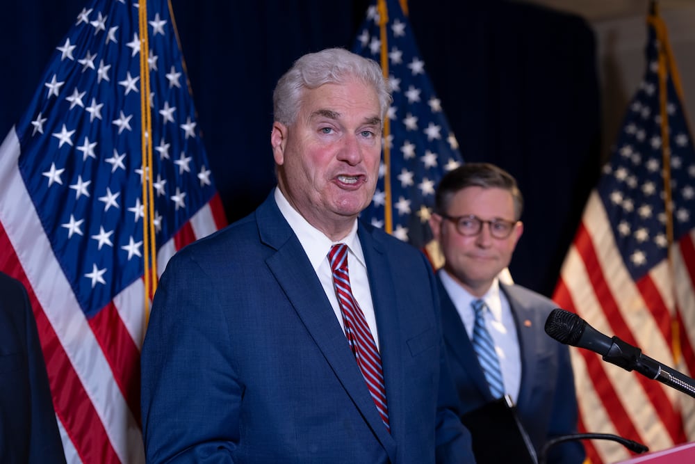 U.S. House Speaker Mike Johnson (right) listened as Majority Whip Tom Emmer, R-Minn., discussed legislation that could impact the cryptocurrency industry at a news conference in Washington.