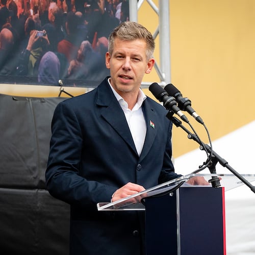 Leader of the Hungarian opposition Tisza Party Peter Magyar delivers his speech during the party's nationwide roadshow in Gyor, Hungary, Saturday, Nov. 15, 2025. (Csaba Krizsan/MTI via AP)