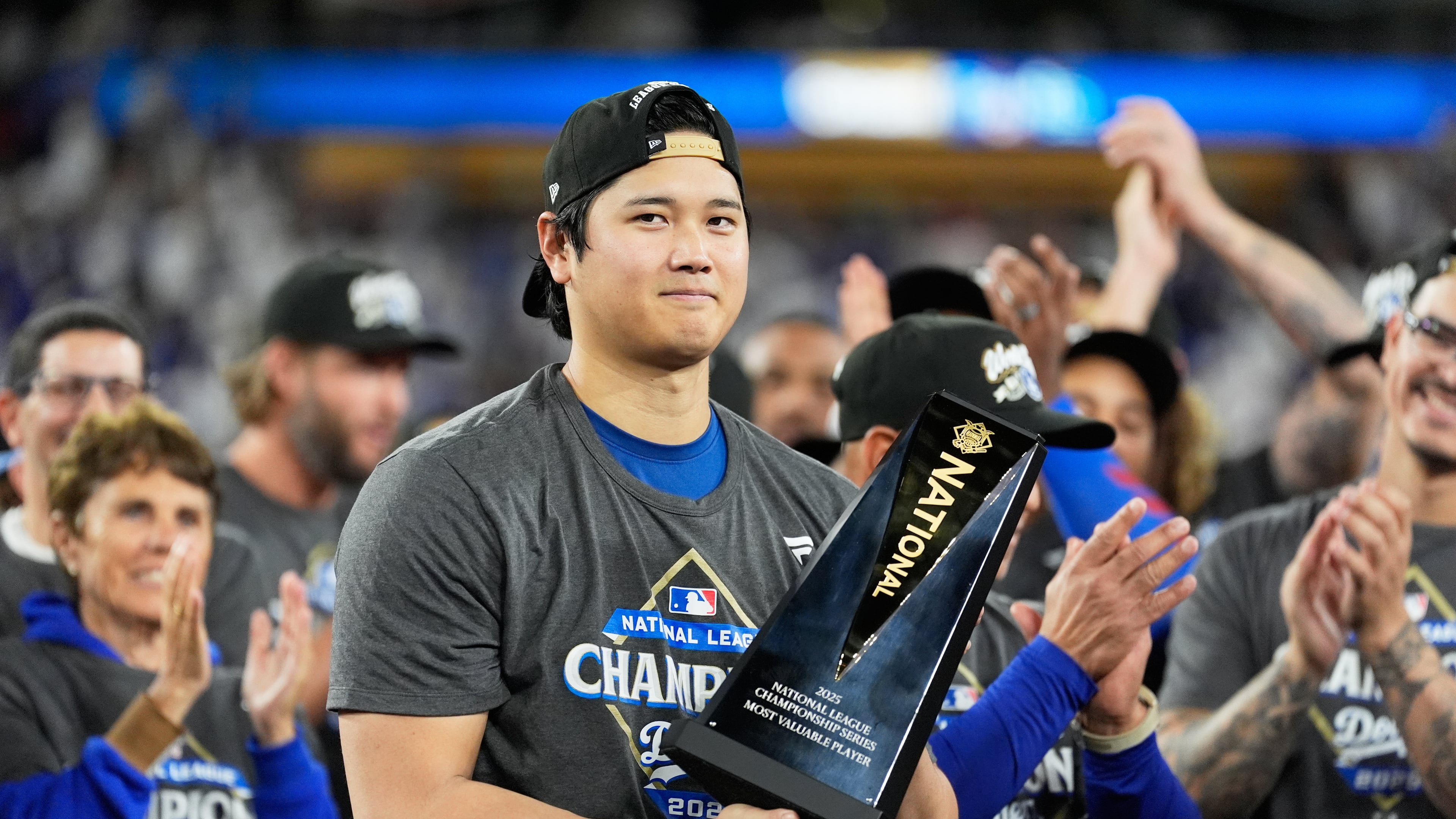 Los Angeles Dodgers pitcher Shohei Ohtani celebrates their win against the Milwaukee Brewers in baseball's National League Championship Series, Friday, Oct. 17, 2025, in Los Angeles.(AP Photo/Brynn Anderson)