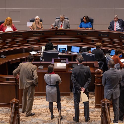 The Fulton County Board of Commissioners — pictured in March debating a proposal to lower the Fulton County Jai population — passed legislation Wednesday that changes the way the counjty's budget is drafted. Four voted in favor, with Marvin S. Arrington Jr. abstaining and Dana Barrett leaving the meeting before the vote. (Ben Hendren for the AJC)
