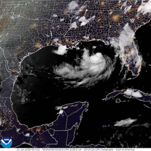 This satellite image from the National Oceanic and Atmospheric Administration taken at 7:31pm EDT shows Tropical Storm Bertha in the Gulf of Mexico on Monday, July 21, 2026. (NOAA via AP)