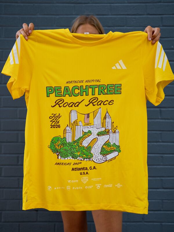 The 2026 Peachtree T-shirt design, ‘We the Peaches,’ was created by Dyan Szall. (Courtesy Atlanta Track Club)