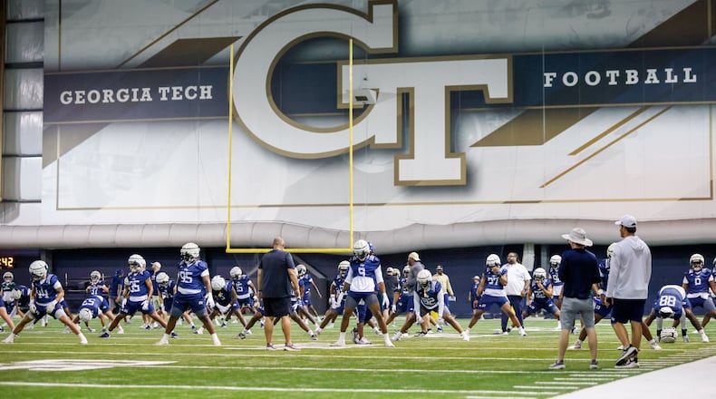 Georgia Tech players are spotted participating in a drill at the Brock Indoor Practice Facility in Atlanta on Thursday, July 25, 2024.
(Miguel Martinez / AJC)