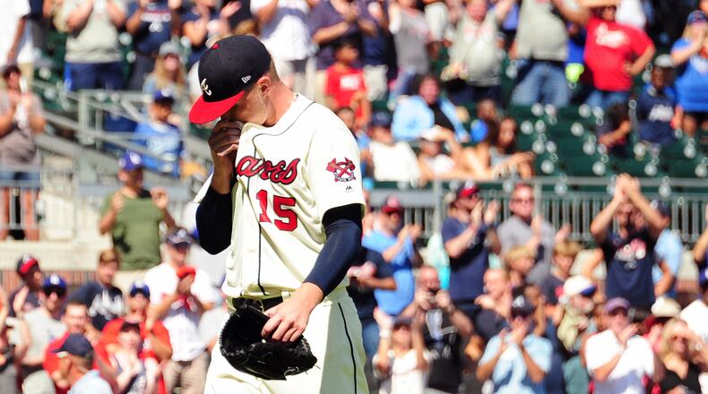 Braves pitcher Sean Newcomb leaves the game in the ninth inning against the Los Angeles Dodgers Sunday, July 29, 2018, at SunTrust Park in Atlanta.