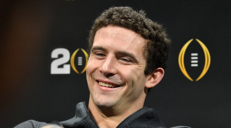 Georgia quarterback Stetson Bennett chats with the media Saturday in Los Angeles. (Hyosub Shin / Hyosub.Shin@ajc.com)