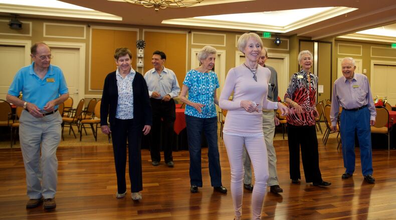 Here is a core group of die-hard ballroom dancers at Lenbrook, practicing their dance routine with their instructor in the front: Lyn Riddle. CONTRIBUTED BY RANDY SCHIFF