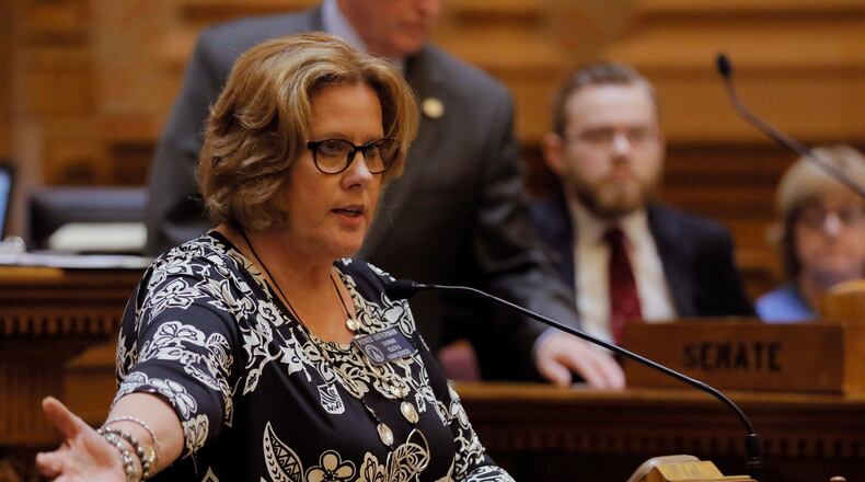 Sen. Renee Unterman makes an argument on the Senate floor, February 2017. (AJC Photo / Bob Andres)