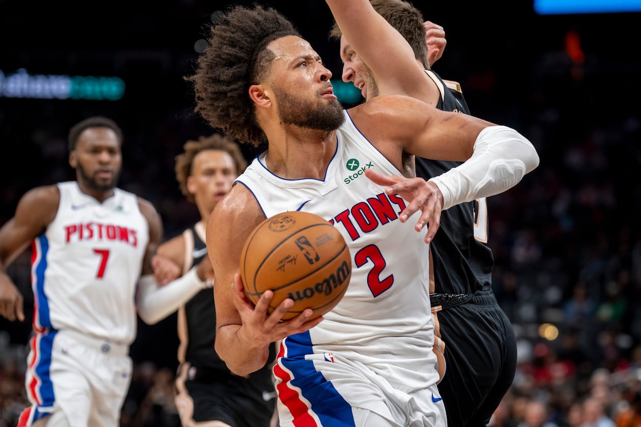 Detroit guard Cade Cunningham was one of eight Pistons in double figures with 15 points in a 142-115 win over the Atlanta Hawks. Jalen Johnson had his third straight triple-double for the Hawks in a losing effort. (Erik Rank/AP)