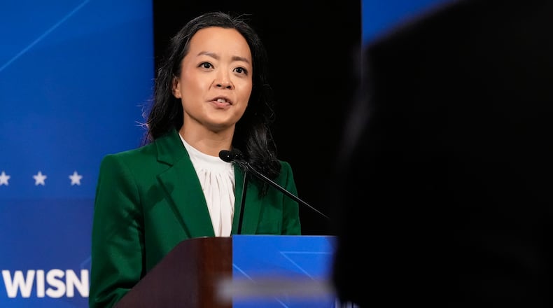 Democratic gubernatorial candidate Francesca Hong talks during a primary debate in Milwaukee, Tuesday, July 28, 2026. (AP Photo/Nam Y. Huh)
