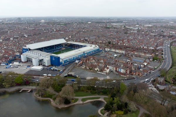 FILE - Everton's Goodison Park Stadium is seen in Liverpool, England, Wednesday, April 21, 2021. (AP Photo/Jon Super, File)