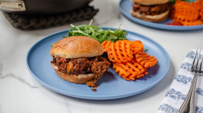 The rich and savory combination of sauted grass-fed ground beef and chopped mushrooms makes a good and good for you Blended Burger Sloppy Joe.
(Virginia Willis for The Atlanta Journal-Constitution)