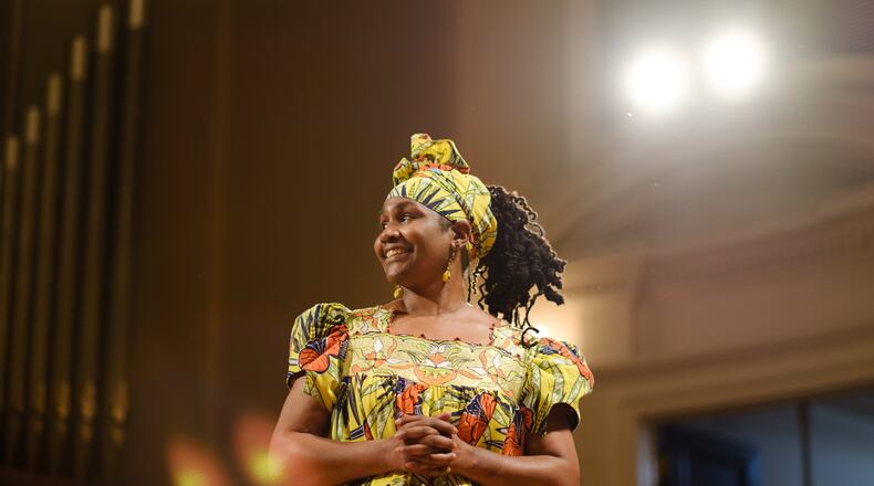 Omelika Kuumba is shown during a 2022 performance of "Soaring High" at Spelman College in Atlanta. (Arvin Temkar / arvin.temkar@ajc.com)