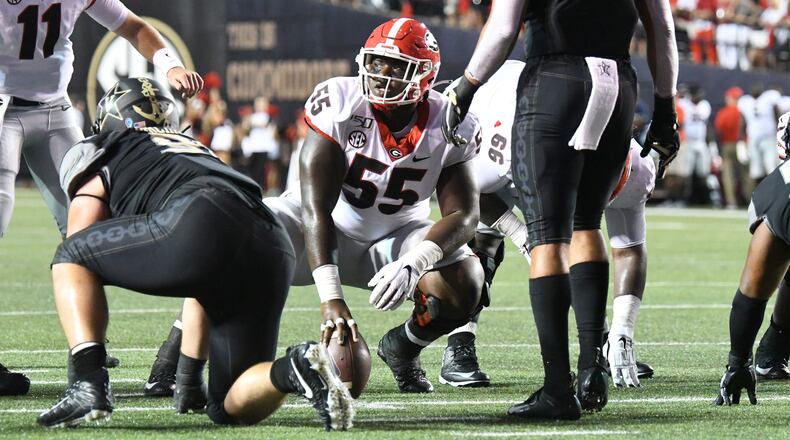 Georgia offensive lineman Trey Hill (55) during the Bulldogs' game against the Vanderbilt Commodores at Vanderbilt Stadium in Nashville, Tenn., on Saturday, Aug. 31, 2019. (Photo by Perry McIntyre)