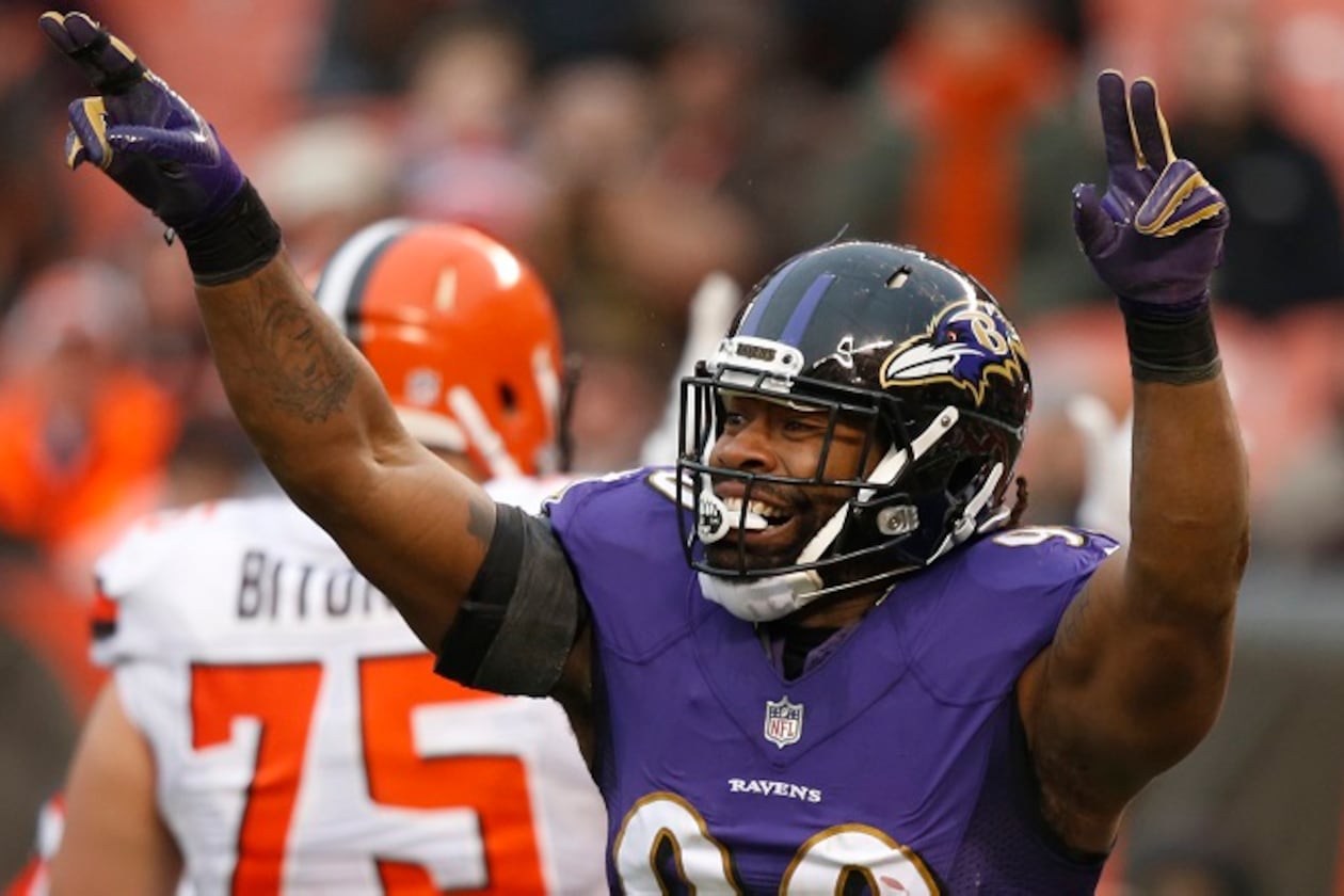 Baltimore Ravens defensive end Za'Darius Smith celebrates the Ravens score on a fumble in the end zone by the Cleveland Browns during the second half of an NFL football game, Sunday, Dec. 17, 2017, in Cleveland. (Ron Schwane/AP)