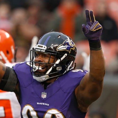 Baltimore Ravens defensive end Za'Darius Smith celebrates the Ravens score on a fumble in the end zone by the Cleveland Browns during the second half of an NFL football game, Sunday, Dec. 17, 2017, in Cleveland. (Ron Schwane/AP)