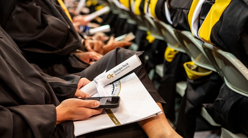 Georgia Tech holds graduation at McCamish Pavilion for students receiving Master's degrees in the College of Computing and Bachelor's degrees in Mechanical Engineers on Saturday, May 4, 2024. (Jenni Girtman for The Atlanta Journal-Constitution)