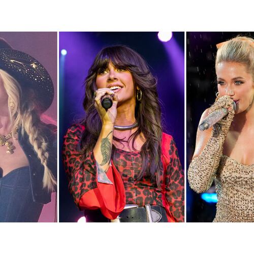 This combination of images shows Miranda Lambert, from left, Ella Langley, and Megan Moroney. (AP Photo)