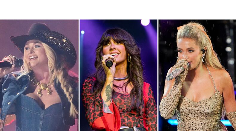 This combination of images shows Miranda Lambert, from left, Ella Langley, and Megan Moroney. (AP Photo)