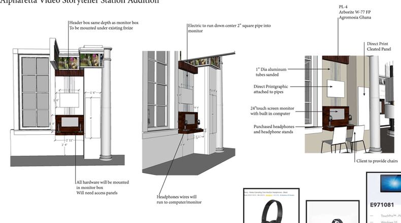 Design sketches depict the video storyteller station added to the Alpharetta History Room project. MALONE DESIGN/FABRICATION