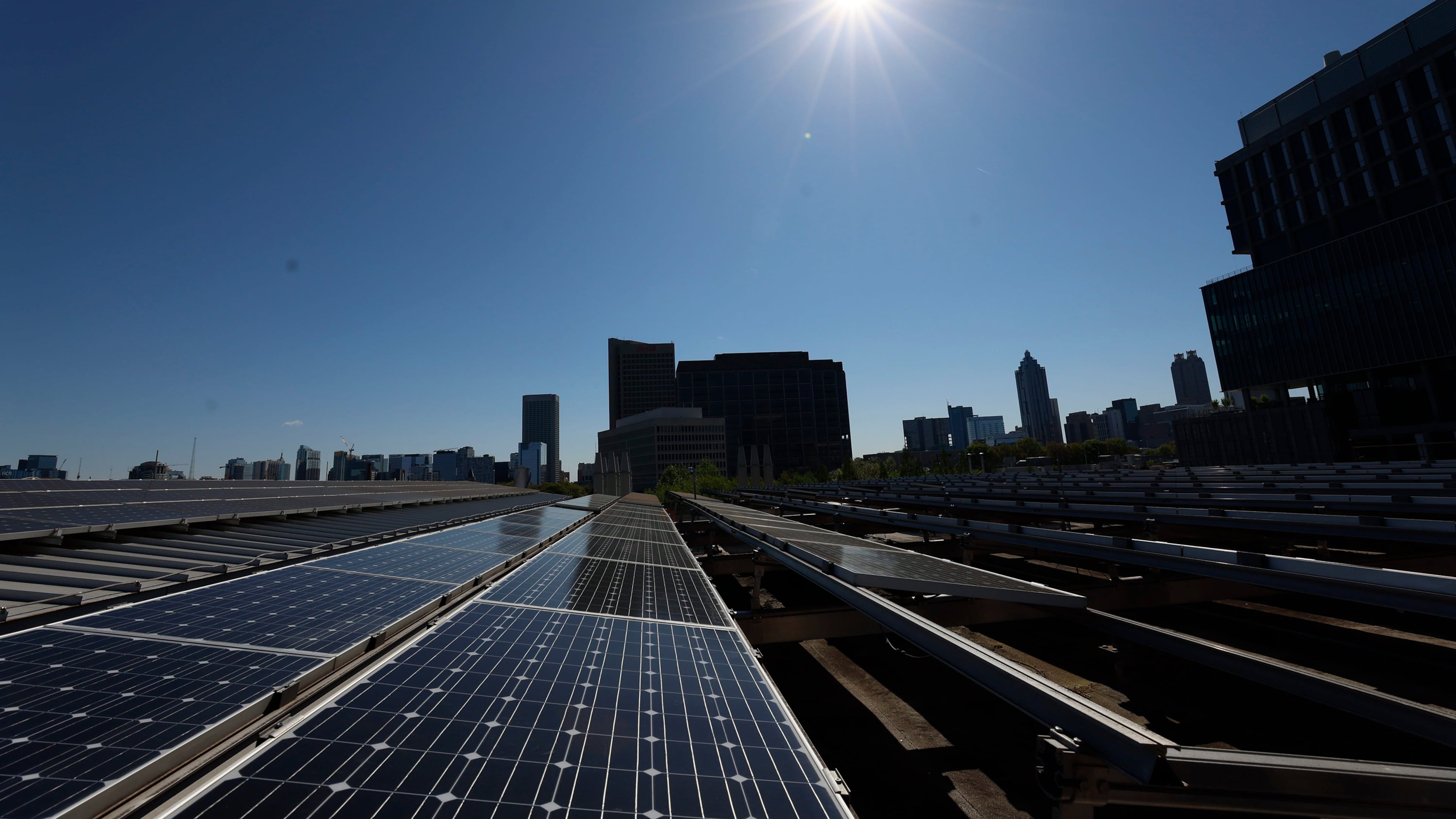 Solar panels are seen on the roof of the Strategic Energy Institute at Georgia Tech, Atlanta, in 2024. (Miguel Martinez/AJC/TNS)