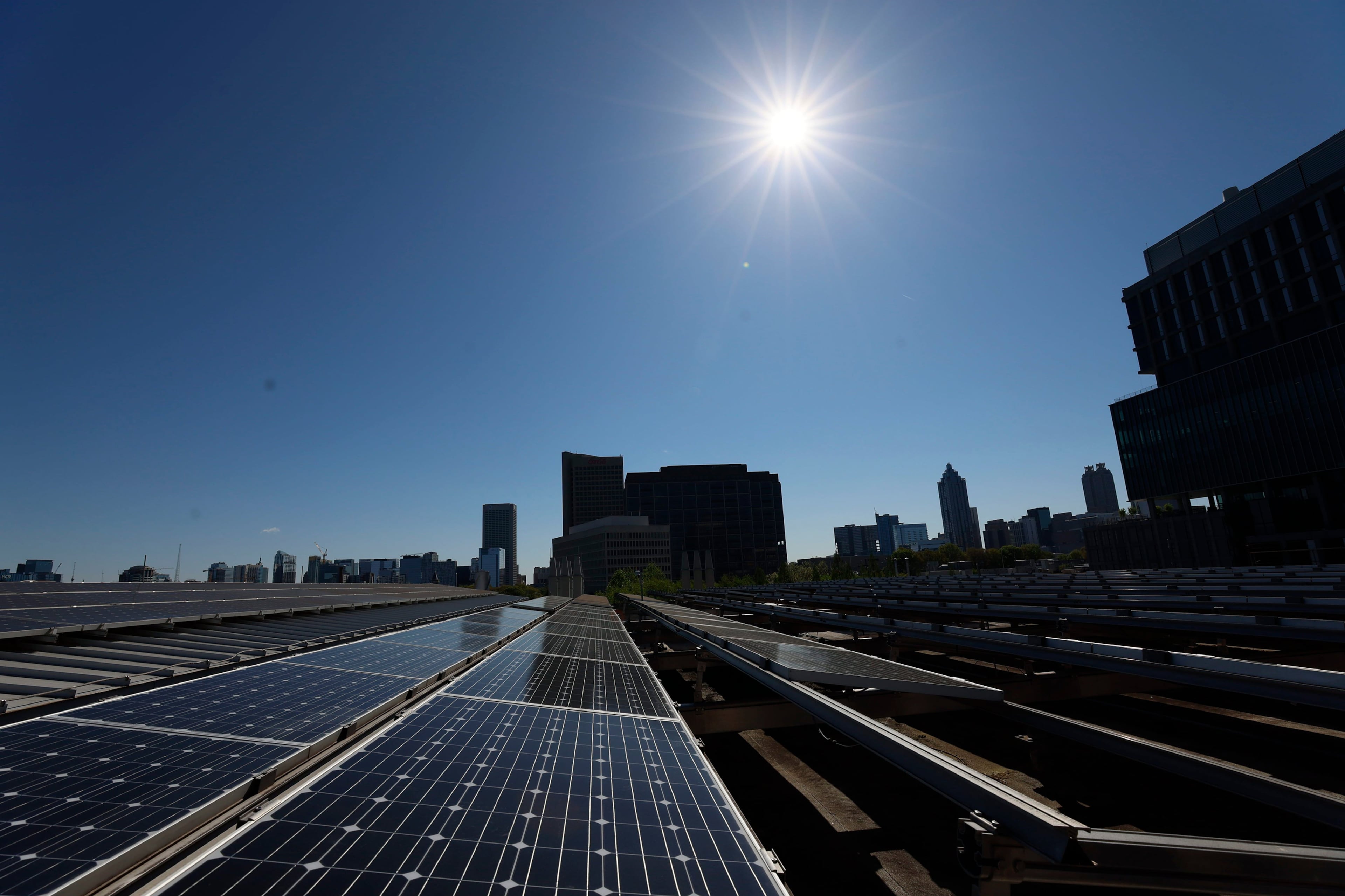 Solar panels are seen on the roof of the Strategic Energy Institute at Georgia Tech, Atlanta, in 2024. (Miguel Martinez/AJC/TNS)