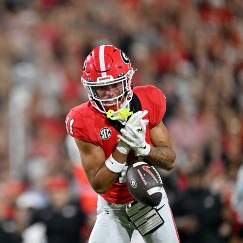 Georgia wide receiver Talyn Taylor drops a pass against Alabama on Saturday, Sept. 27, 2025, at Sanford Stadium in Athens. The drop proved costly in the Bulldogs' 24-21 loss, and Taylor broke his collarbone before the next game. (Hyosub Shin/AJC 2025)