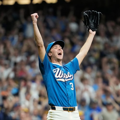Milwaukee Brewers' Jacob Misiorowski reacts after recording the final out during the ninth inning of a baseball game against the Philadelphia Phillies, Friday, June 12, 2026, in Milwaukee. (AP Photo/Aaron Gash)