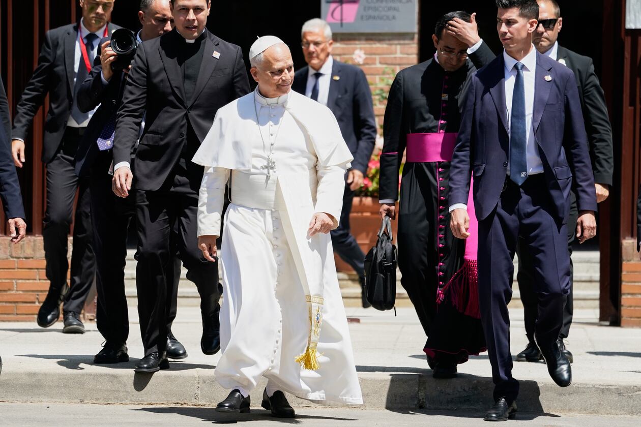 Pope Leo XIV leaves after meeting with Spain's bishops at the Spanish Episcopal Conference in Madrid, Spain, Monday, June 8, 2026. (AP Photo/Andrea Comas)