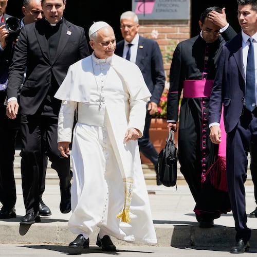 Pope Leo XIV leaves after meeting with Spain's bishops at the Spanish Episcopal Conference in Madrid, Spain, Monday, June 8, 2026. (AP Photo/Andrea Comas)