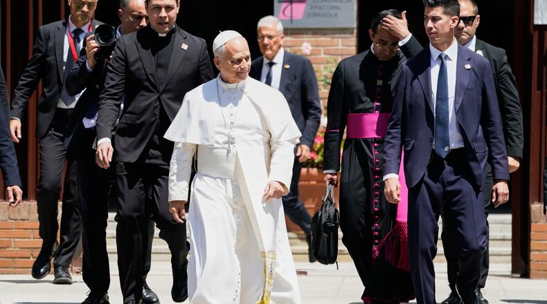 Pope Leo XIV leaves after meeting with Spain's bishops at the Spanish Episcopal Conference in Madrid, Spain, Monday, June 8, 2026. (AP Photo/Andrea Comas)