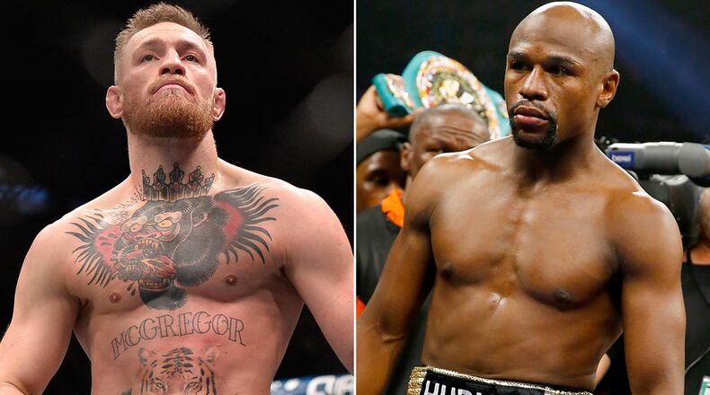 Conor McGregor and Floyd Mayweather Jr. (Right Photo by Brandon Magnus/Zuffa LLC/Zuffa LLC via Getty Images | Left Photo by Al Bello/Getty Images)
