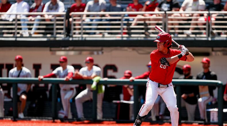 Georgia catcher Brennan Hudson bats during a game against Arkansas at Foley Field in Athens on Sunday, April 13, 2025. (Tony Walsh/UGAAA)