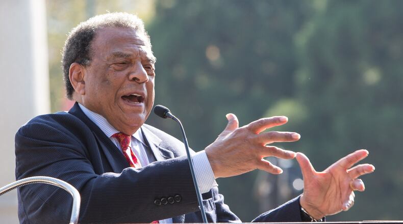 Former Ambassador Andrew Young, speaking during the dedication of a Georgia Historical Marker to the 1996 Summer Olympic Games in Centennial Olympic Park in Atlanta on Nov. 1, 2016, was recently given the Positive Aging Icon Image Award by by LeadingAge Georgia. PHIL SKINNER / SPECIAL