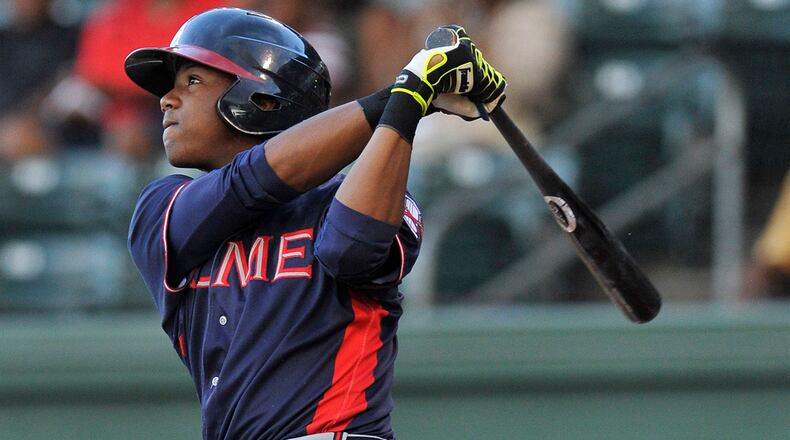 Center fielder Ronald Acuna (24) of the Rome Braves bats in a game against the Greenville Drive on Wednesday, August 31, 2016, at Fluor Field at the West End in Greenville, South Carolina. Rome won, 9-1. (Tom Priddy/Four Seam Images via AP Images)